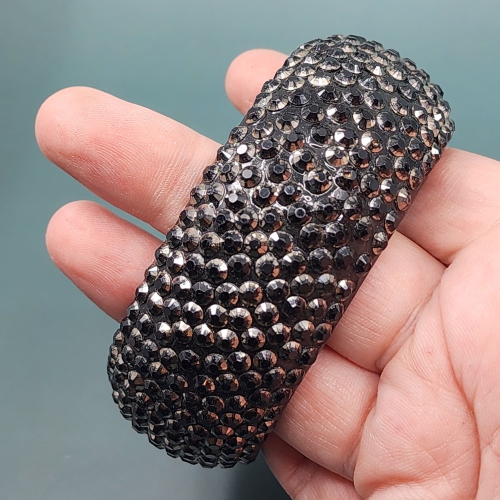 Black Rhinestone Wide Cuff Bracelet Hematite Tone Pave Glam Statement Bangle
